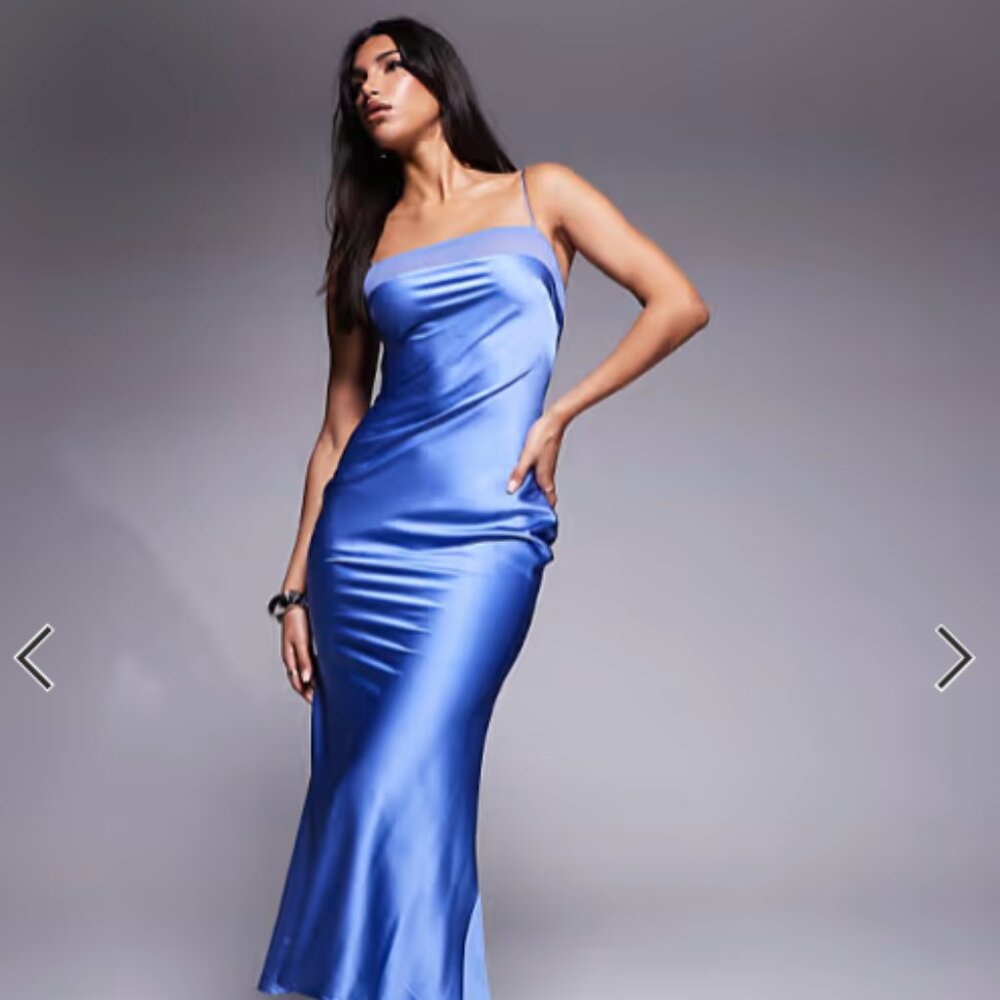 NWT New ASOS DESIGN square neck satin midi with mesh panel in blue 0 / XS